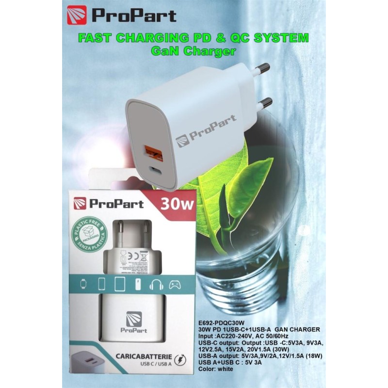 Caricabatteria 30 Watt PDQC USB-C + A Modello E692-PDQC30W