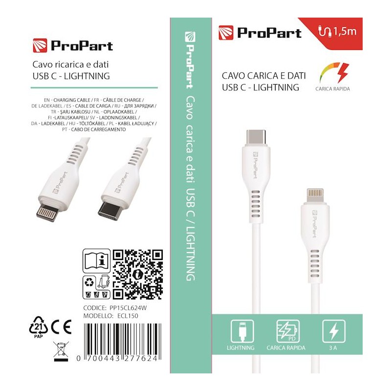 Cavo Lightning - Tipo-C 3A 1.5mt Carica Rapida e dati Bianco