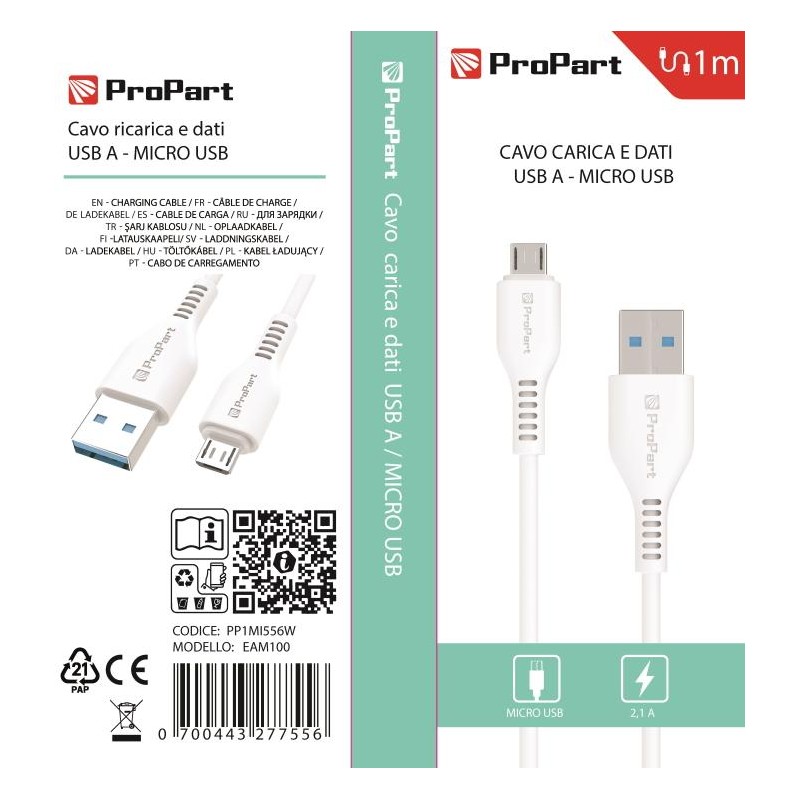 Cavo Carica e Dati Micro Usb 2.1 A. Lunghezza 1 metro Bianco