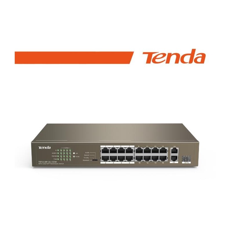 Tenda Switch 16-Ports PoE + 1 GE+1 SFP Unmanaged - TEF1118P-16-150W